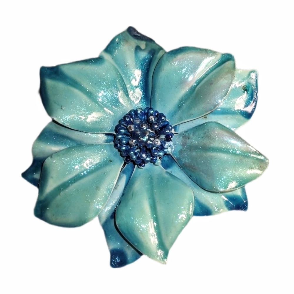 Aqua Turquoise Blue Vintage Enamel Flower Brooch